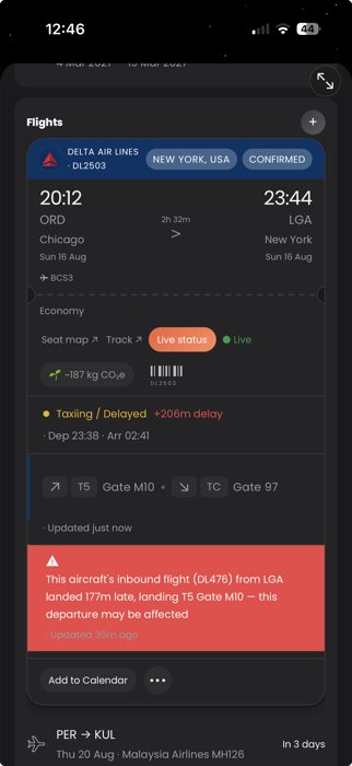 A Voyageur flight card showing live status, gate information, and a delay warning for a Delta flight